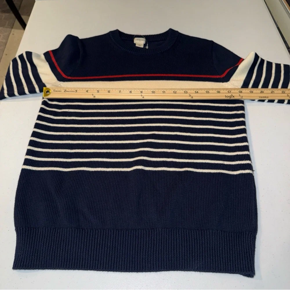 J Crew Crewcuts Boys XL 12-14 Navy Blue Striped‎ Cotton Knit Crewneck Sweater